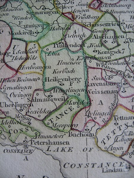 Political map of the Linzgau north of Lake Constance, circa 1800