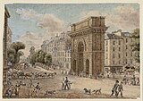 K. Kivton.  Portão Saint-Martin em Paris.  Aquarela. 1829