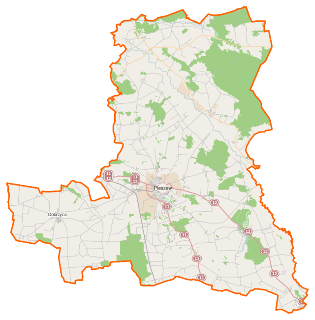 Mapa konturowa powiatu pleszewskiego, po lewej nieco na dole znajduje się punkt z opisem „Dobrzyca”