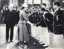 The Indian team meets Queen Elizabeth II at Lord's Cricket Ground, 23 June 1952 Probir Sen with Queen Elizabeth II.png