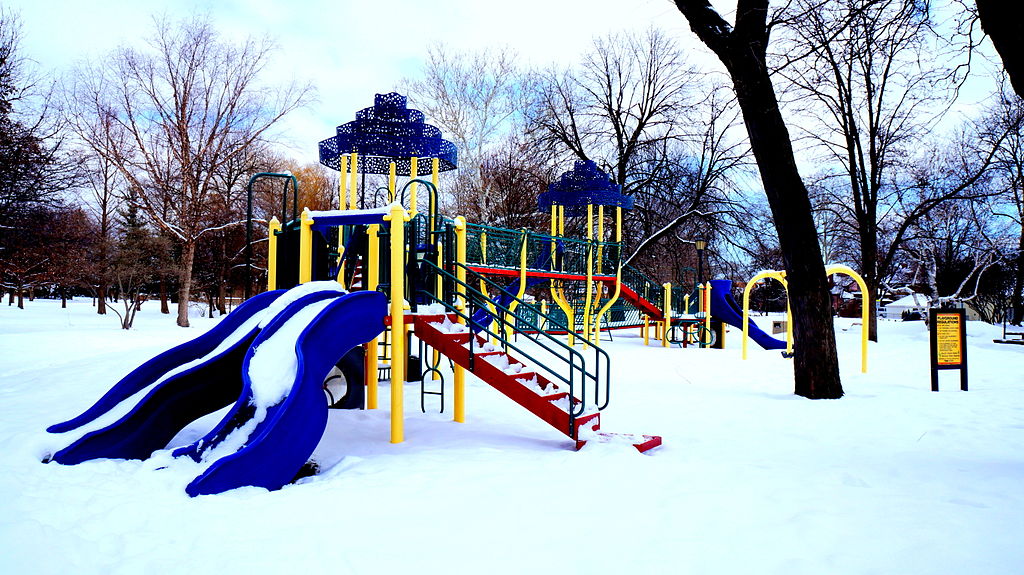 Proska park playground in the winter in Berwyn, Illinois