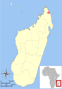 Kort over Madagaskar ud for den afrikanske kyst, der viser et fremhævet område (i rødt) som et lille område i det nordøstlige hjørne af øen.