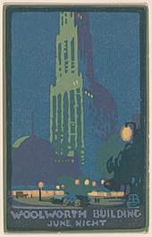 Rachel Robinson Elmer, halftone offset lithograph, Woolworth Building June Night, 1916, The National Gallery of Art, Washington, D.C. Rachael Robinson Elmer, Woolworth Building June Night, 1916, NGA 147751.jpg