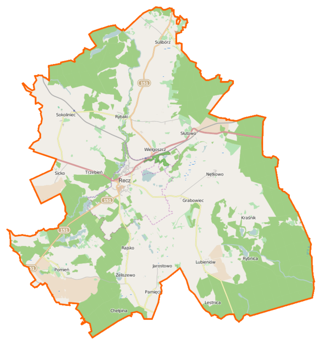 Mapa konturowa gminy Recz, blisko centrum na lewo znajduje się punkt z opisem „Recz”