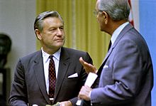 Governor Rockefeller meets with President Lyndon B. Johnson in 1968 Rockefeller and Johnson.jpg