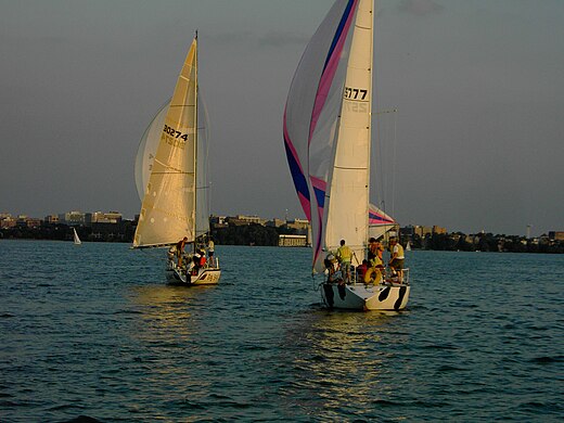 Sailboats approaching the south shore of Lake Mendota and downtown Madison – north side of isthmus