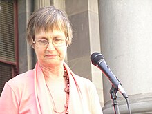 Kanck speaking at a rally on the steps of Parliament House, Adelaide in 2007. SandraKanckTreeRally.jpg