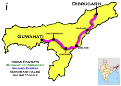 Shatabdi Express (Dibrugarh - Guwahati) Güzergah haritası