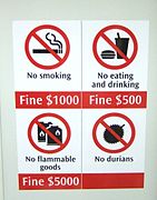 Singaporese verbodsborden met rechtsonder een verbod op doerianvruchten (vanwege de penetrante lucht)