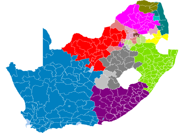 Een kaart die de Zuid-Afrikaanse gemeenten aanduidt volgens meerderheidstalen. Lichtere plekken hebben geen meerderheidstaal, zoals Kaapstad. ■  Afrikaans   ■  Noord-Sotho  ■  Zuid-Sotho  ■  Swazi      ■  Tsonga     ■  Tswana    ■  Venda     ■  Xhosa     ■  Zoeloe