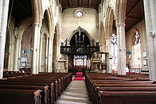 The Decorated Gothic interior of St Denys' Church dates to the 14th century. St.Denys' nave - geograph.org.uk - 960443.jpg