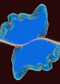 Simulación por ordenador del proceso de  formación de una nebulosa planetaria. La estrella central está rodeada de un disco de acreción ligeramente deformado.