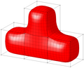 Simple Doo–Sabin sudivision surface. The figure shows the limit surface, as well as the control point wireframe mesh