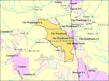 Map of the Woodlands CDP as of the 2000 census