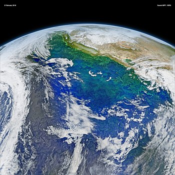 This satellite image shows the coast of California and the California Current system from space. Phytoplankton blooms are visible as intricate swirls of green in the blue ocean along the coast.