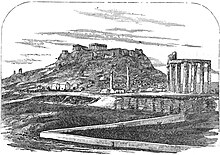 A plate of the ruins of the Acropolis from Mark Twain's grand tour, a five-month 20,000 mile excursion of Europe, the Middle East, and the Holy Land satirized in his Innocents Abroad (1867) The Innocents Abroad - p341.jpg