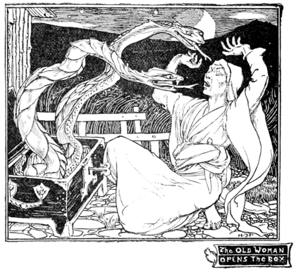 black and white illustration of an old woman seated in the floor rearing away from a pair of snakes coming out of a chest. The old woman wears wrapped hooded robes with a knife tucked into her belt. The snakes have large leaf-like scales and are painting their forked tongues at the woman in a menacing manner. The key to the chest is still in the lock and visible behind them is a porch, long grass, and a bit of moonlit sky over mountains.