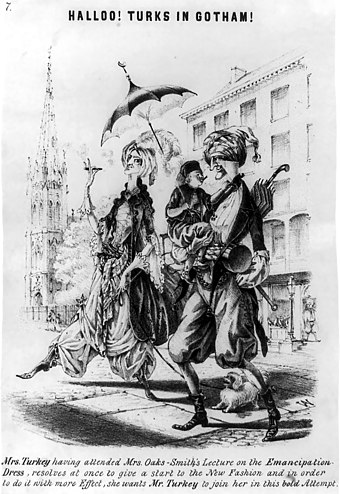 Halloo! Turks in Gotham !, caricature de 1851 du costume préconisé par Amelia Bloomer.