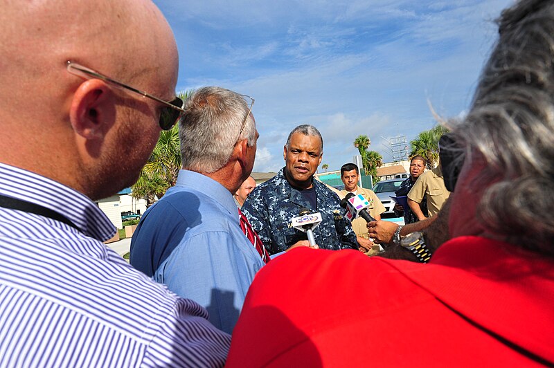 File:U.S. Navy Rear Adm. Sinclair Harris, center, the commander of U.S. Southern Command and U.S. 4th Fleet, speaks to Jacksonville, Fla., media during a news conference to kick off Panamax 2012 at Naval Station 120806-N-MK583-033.jpg