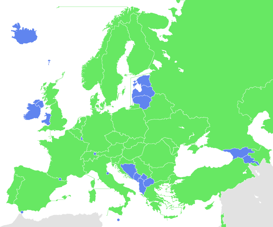 Map of UEFA countries whose teams have reached the group stage of the UEFA Champions League .mw-parser-output .legend{page-break-inside:avoid;break-inside:avoid-column}.mw-parser-output .legend-color{display:inline-block;min-width:1.25em;height:1.25em;line-height:1.25;margin:1px 0;text-align:center;border:1px solid black;background-color:transparent;color:black}.mw-parser-output .legend-text{}  UEFA member state that has been represented in the group stage   UEFA member state that has not been represented in the group stage