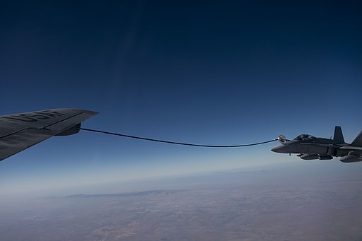 USAF KC-135 Stratotanker refuels an Australian F-18 fighter over Iraq on 22 December 2015