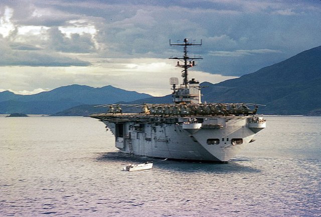 USS Iwo Jima (LPH-2), the lead ship of the class, off the coast of South Vietnam in 1965.