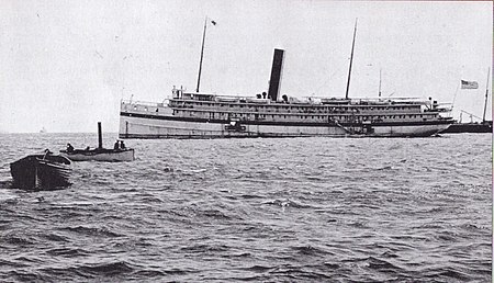 Relief off Cuba in 1898, serving as a United States Army hospital ship during the Spanish-American War. Small boats such as those pictured carried wounded and sick men from shore to Relief. USS Relief (1896) off Cuba.jpg