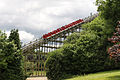 One of the two "Ulimate" trains on the first lift hill.