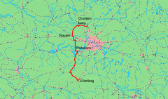 Mapa przebiegu linii kolejowej 6511 Jüterbog–Beelitz Stadt 6115 Beelitz Stadt–Golm 6068 Golm–Priort 6105 Priort–Nauen