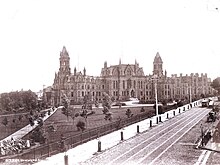View looking Southwest to "College Hall" and then Logan Hall from corner of 34th Street and Woodland Avenue to intersection of 36th Street, Woodland Avenue and Locust Street (with trolley tracks visible on Woodland Avenue) circa 1892 Universityofpennsylvaniacollegehall.jpg