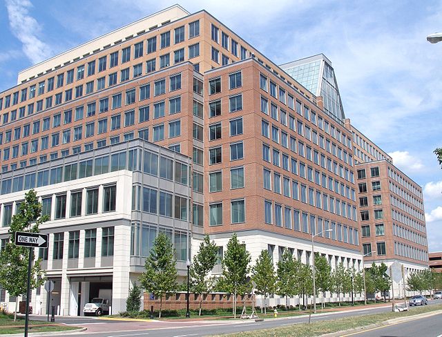 The James Madison building on the campus of the United States Patent and Trademark Office headquarters in Alexandria. This is the largest building on 