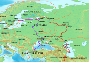 Map showing the major Varangian trade routes: the Volga trade route (in red) and the trade route from the Varangians to the Greeks (in purple). Sufficiently controlling strongholds, market places and portages along the routes was necessary for the Scandinavian raiders and traders. Varangian routes.png