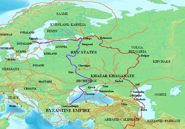 Map showing the major Varangian trade routes: the Volga trade route (in red) and the trade route from the Varangians to the Greeks (in purple). Other trade routes of the 8th to the 11th centuries shown in orange.