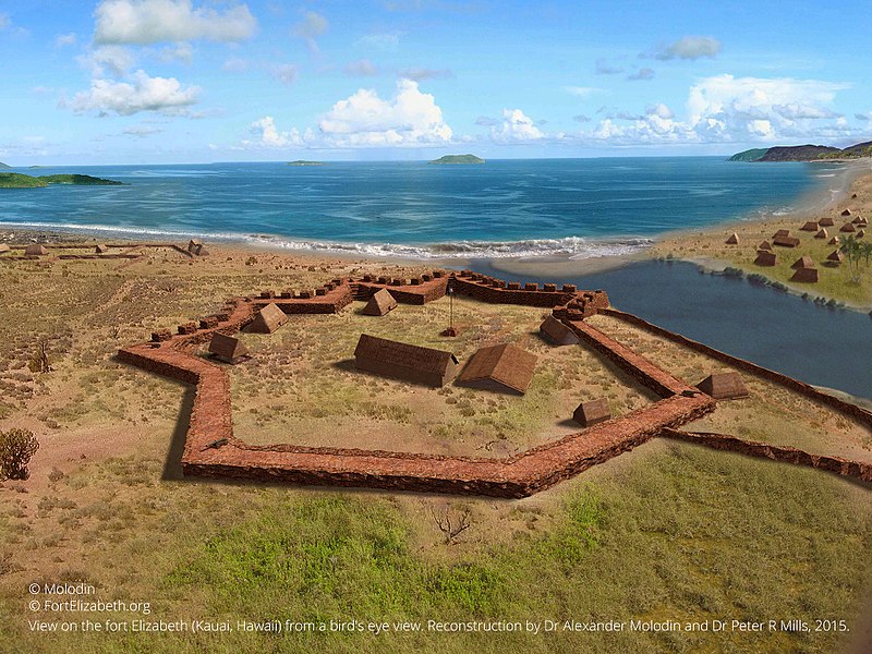 File:View on the fort Elizabeth (Kauai, Hawaii) from a bird's eye view. Reconstruction by Dr Alexander Molodin and Dr Peter R Mills, 2015.jpg