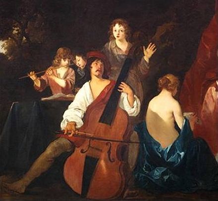 Violone or great bass viol. Painting by Sir Peter Lely, c. 1640, Dutch-born English Baroque era painter. Note the Italianate shape, square shoulders, and F-holes, apart from its massive size.
