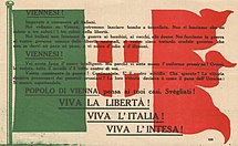 Italian propaganda leaflet that Italian poet Gabriele d'Annunzio threw from his (Ansaldo SVA) airplane during his Flight over Vienna Volantinodann.jpg