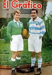 Captains W. J. Hewitt of Ireland and Miguel Angel Sarandon of Argentina appear on the cover of El Grafico prior to their 1952 matchup W. J. Hewitt (Irlanda) y Miguel Angel Sarandon (Argentina). - El Grafico 1730.jpg