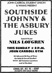 An advertisement by rock station WMMS in Cleveland, for the band's October 1976 performance with Nils Lofgren at John Carroll University in University Heights, Ohio WMMS Presents Southside Johnny - 1976 print ad.jpg