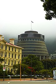 Parliament's Beehive
and the old wooden administration building on reclaimed land Wellington Parliament n.jpg