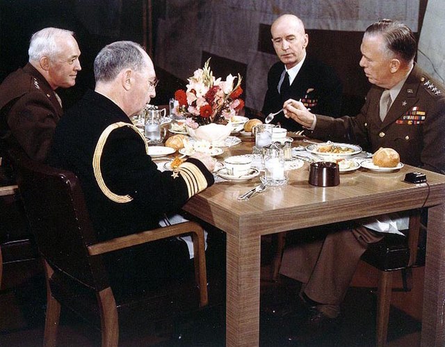 Joint Chiefs of Staff meeting (circa 1943). From left to right are: Gen. Henry H. Arnold, Chief of the Army Air Forces; Adm. William D. Leahy, Chief o