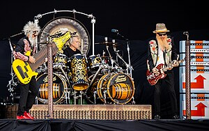 ZZ Top performing in at Tons of Rock 2024. From left: Elwood Francis, Frank Beard, Billy Gibbons