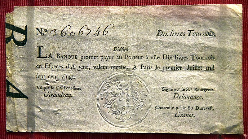 File:10 livres tournois banknote issued by Banque Royale, France, 1720. On display at the British Museum.jpg