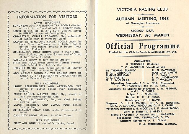 Inside cover showing raceday officials & enclosure notices