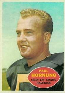 Paul Hornung shown without a helmet on a 1960s trading card.