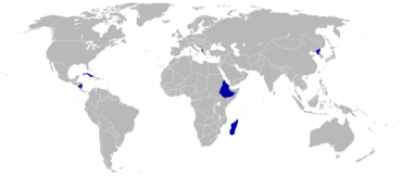 Countries boycotting or absent from the 1988 Games are shaded blue. 1988 Summer Olympics Seoul boycotting countries blue.png