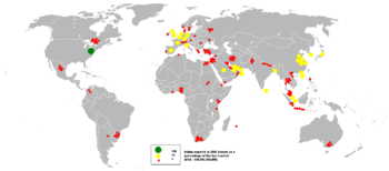 A map showing the global distribution of Indian exports in 2006 as a percentage of the top market (US at $20.9 billion) 2006Indian exports.PNG