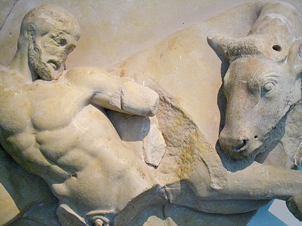 Detail of a metope from the Temple of Zeus at Olympia, featuring Heracles and the Cretan bull (Archaeological Museum of Olympia, Greece)