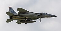 A US Air Force F-15C Eagle, tail number 85-0098, on final approach at Kadena Air Base in Okinawa, Japan. The aircraft is assigned to the 67th Fighter Squadron.