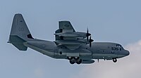 A United States Marine Corps KC-130J, registration number 169535, on final approach at Kadena Air Base in Okinawa, Japan. The aircraft belongs to VMGR-152 at Marine Corps Air Station Iwakuni.