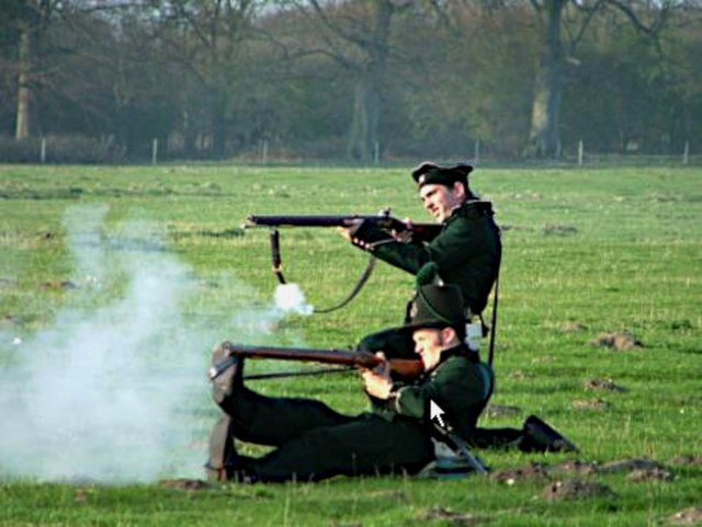 A historical reenactment with the British 95th Rifles regiment.